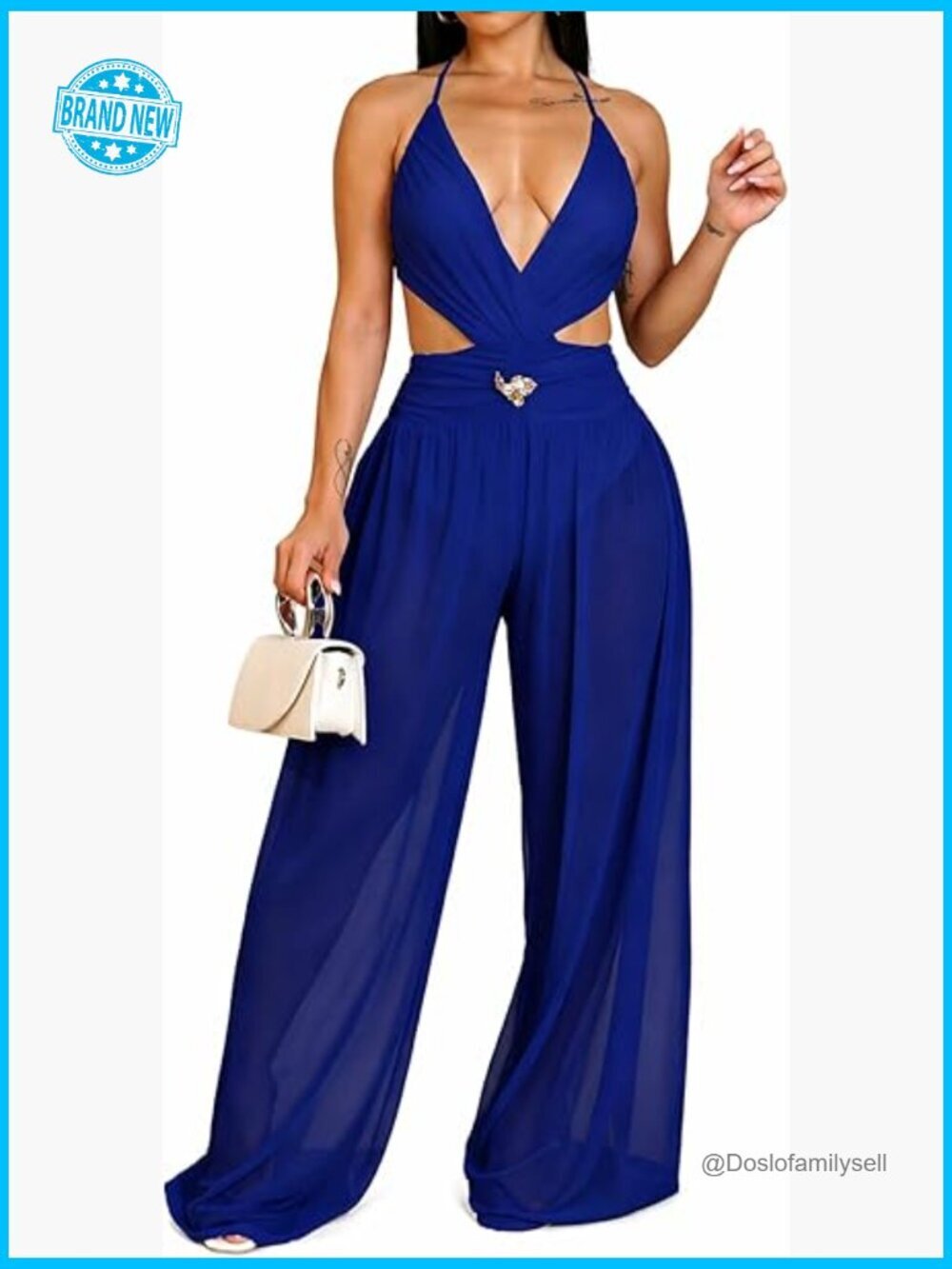 Sheer Mesh Halter V Neck Sleeveless Wide Leg Dressy Jumpsuit Romper